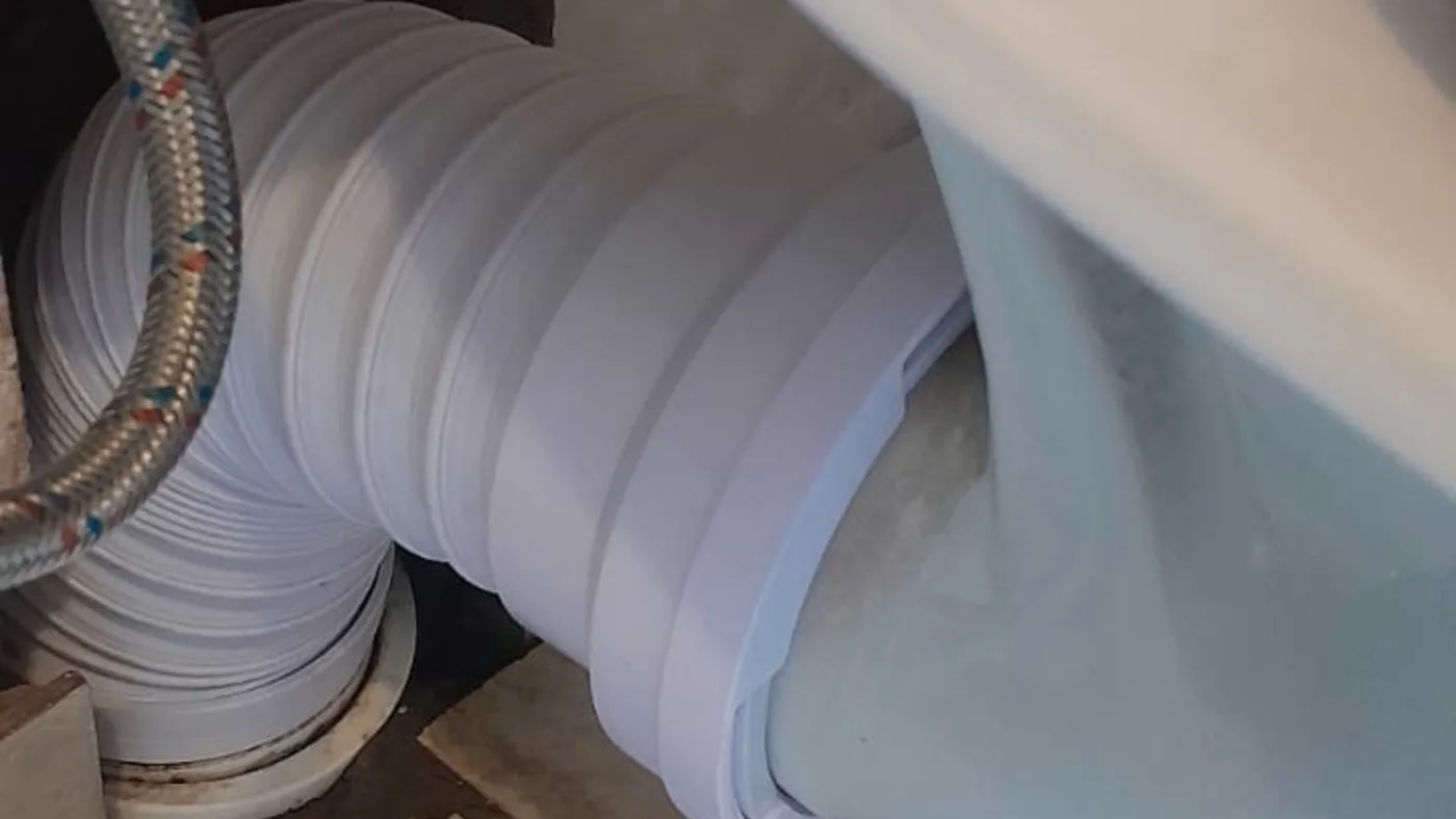 Theta Plumbing Services Call Trusted Plumbers — Theta plumbing call-out Toilet waste connection during plumbing repair work in Theta
