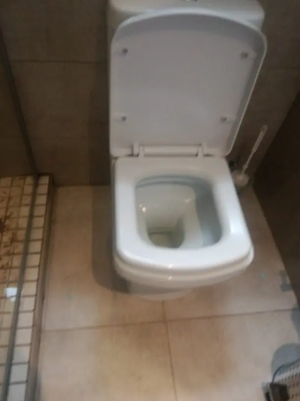 White toilet in a tiled bathroom checked for a possible blockage