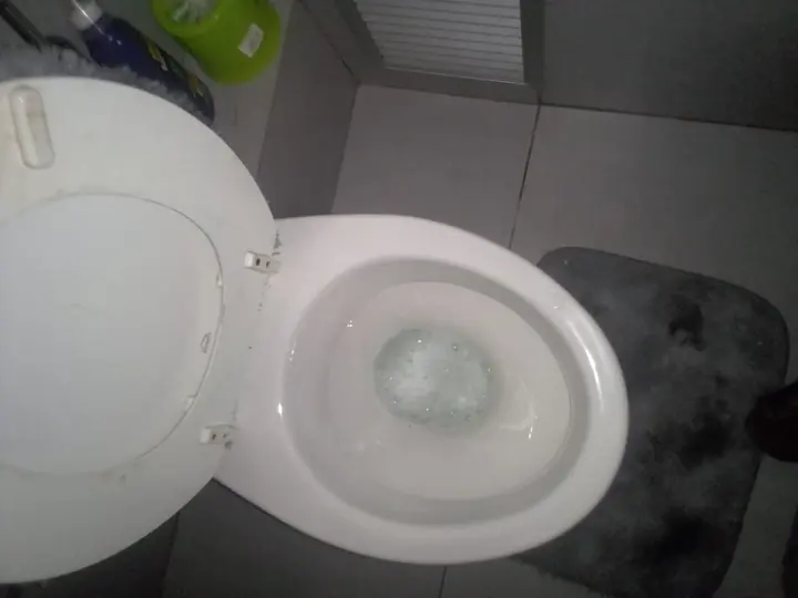 White toilet with black seat in a clean tiled bathroom