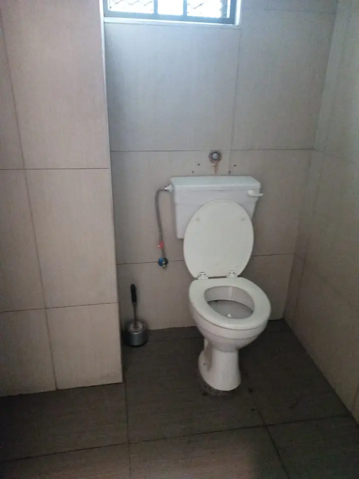 Wall hung toilet with chrome flush plate in a tiled bathroom