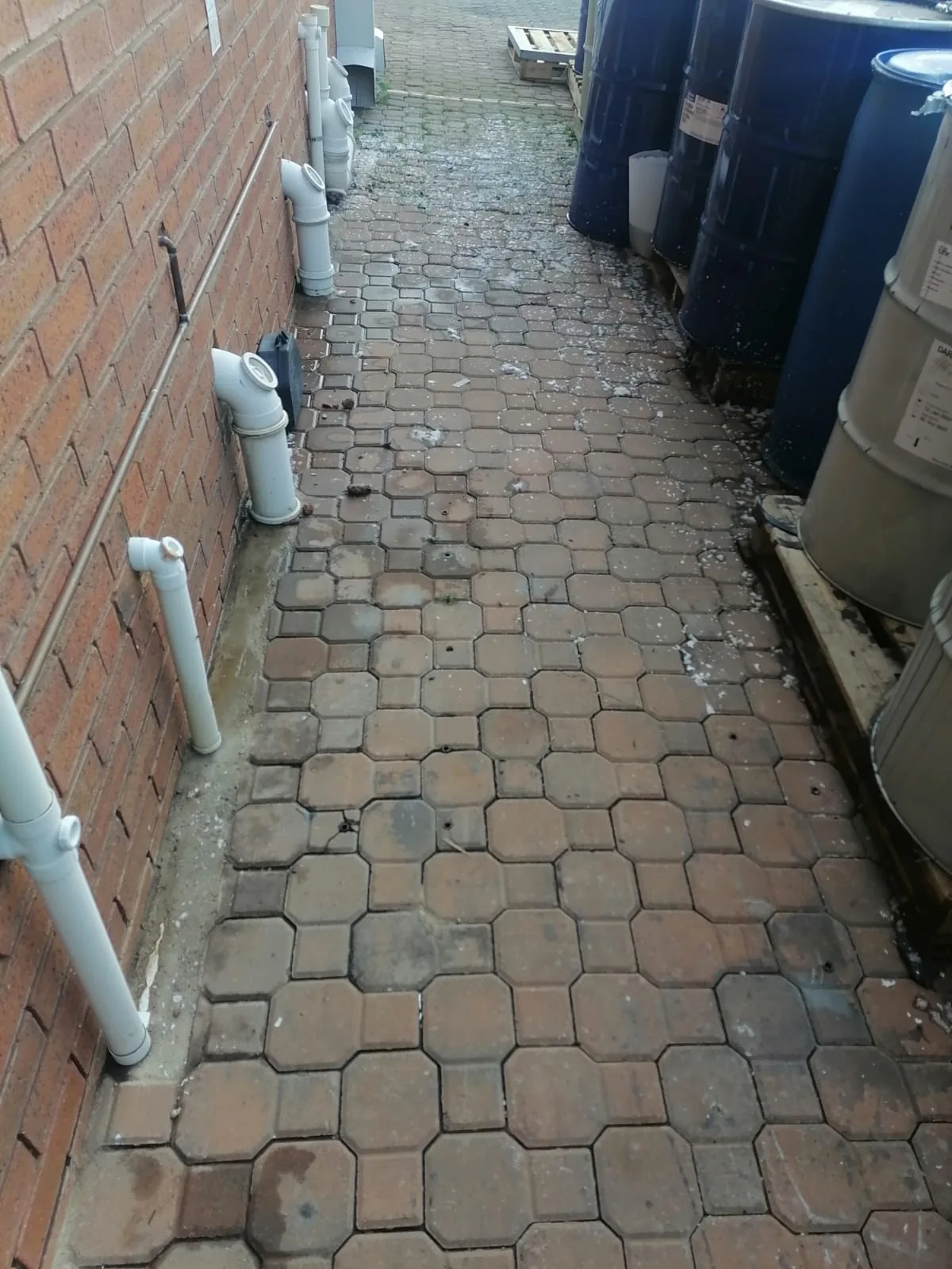 Multiple outside sewer access pipes along paved service area