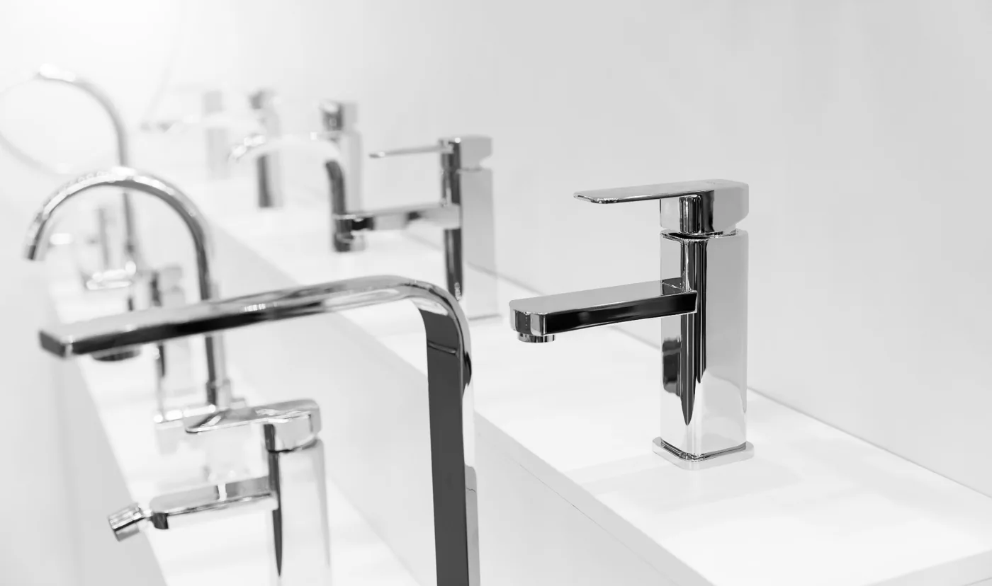 Display of chrome mixers illustrating product selection for plumbers in Kempton Park