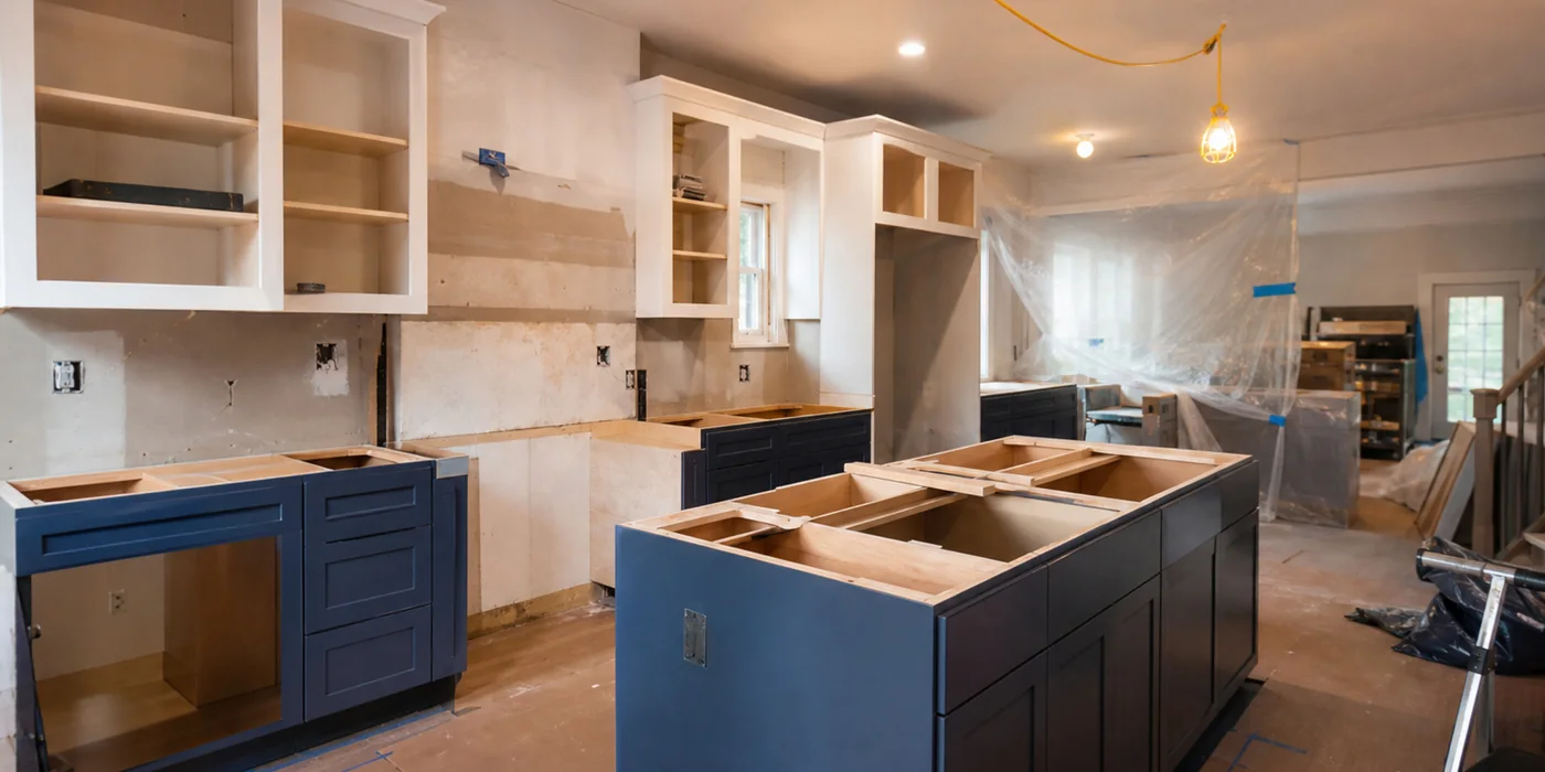 Kitchen renovation stages example Kitchen renovation in progress with navy base cabinets, unfinished island and open wall cupboards