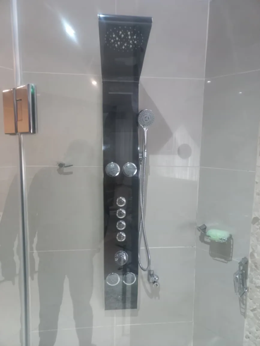 Modern shower panel installed in bathroom