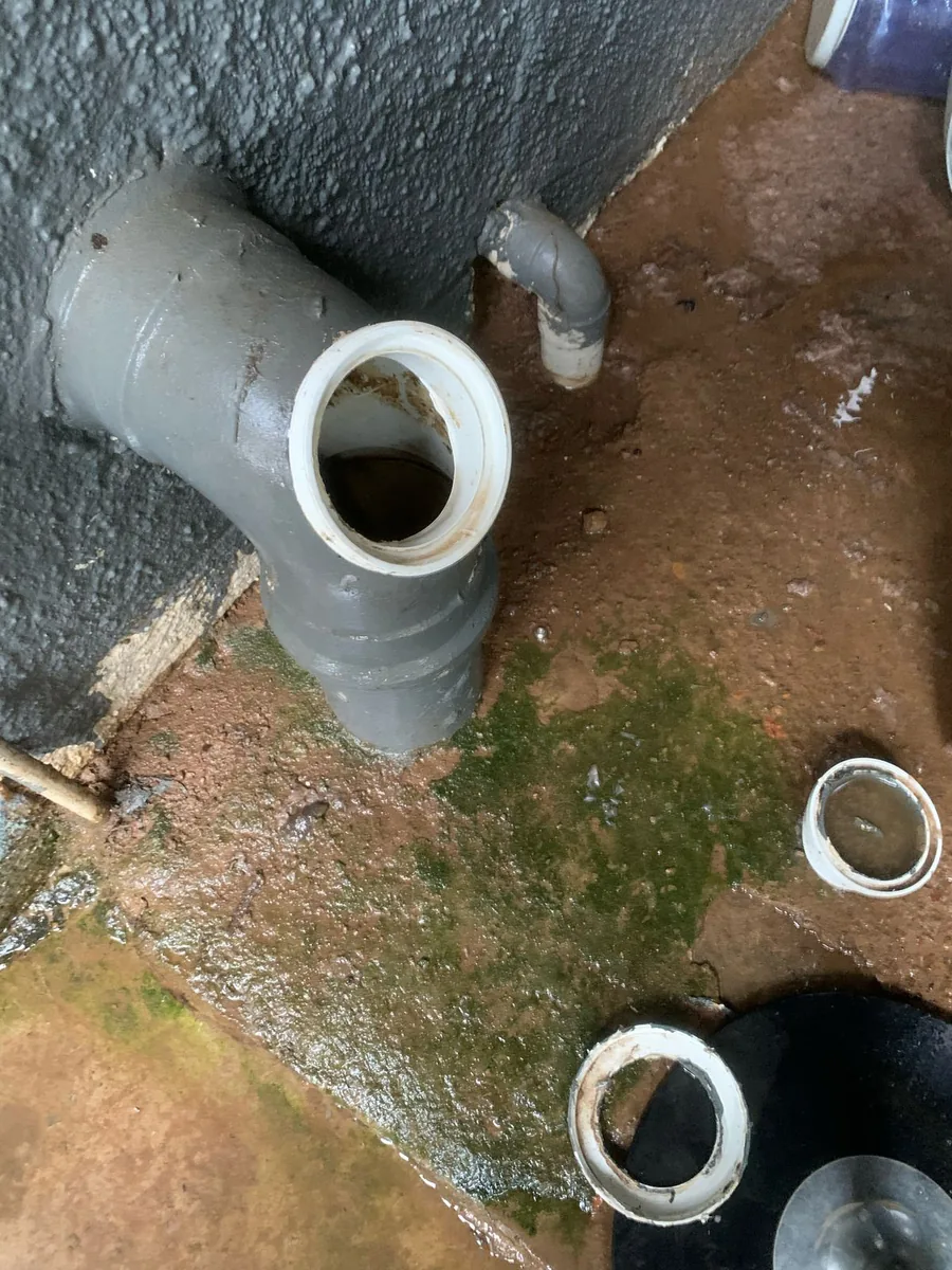 Open waste line access point inspected during drain cleaning