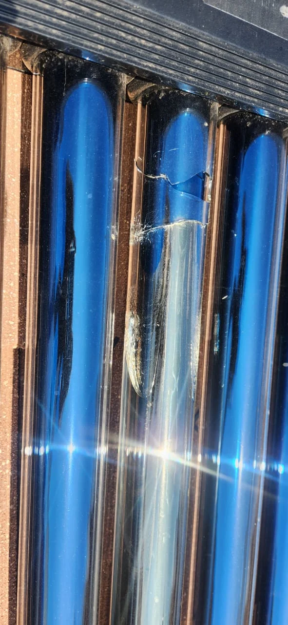 close up of cracked evacuated solar geyser tube requiring replacement