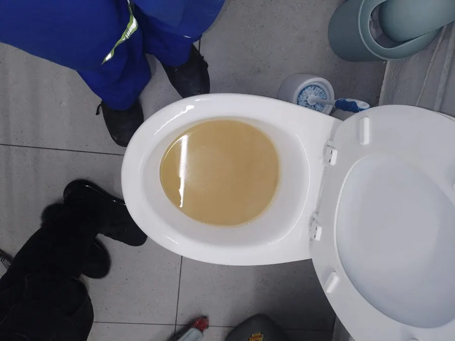 Toilet bowl with dirty water where flushing should be stopped