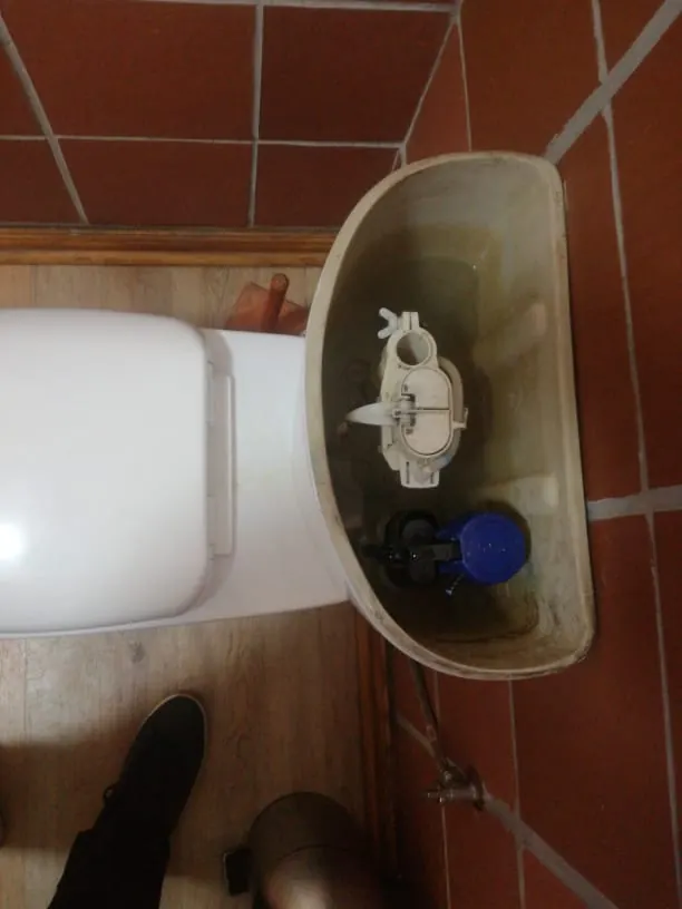 Open toilet cistern with inlet valve and flush parts