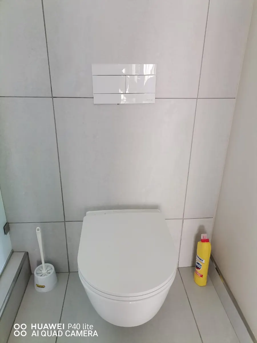 Wall hung toilet with concealed cistern access panel open