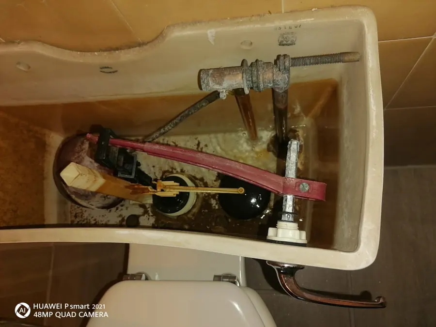 Open toilet cistern with worn internal flush and inlet parts