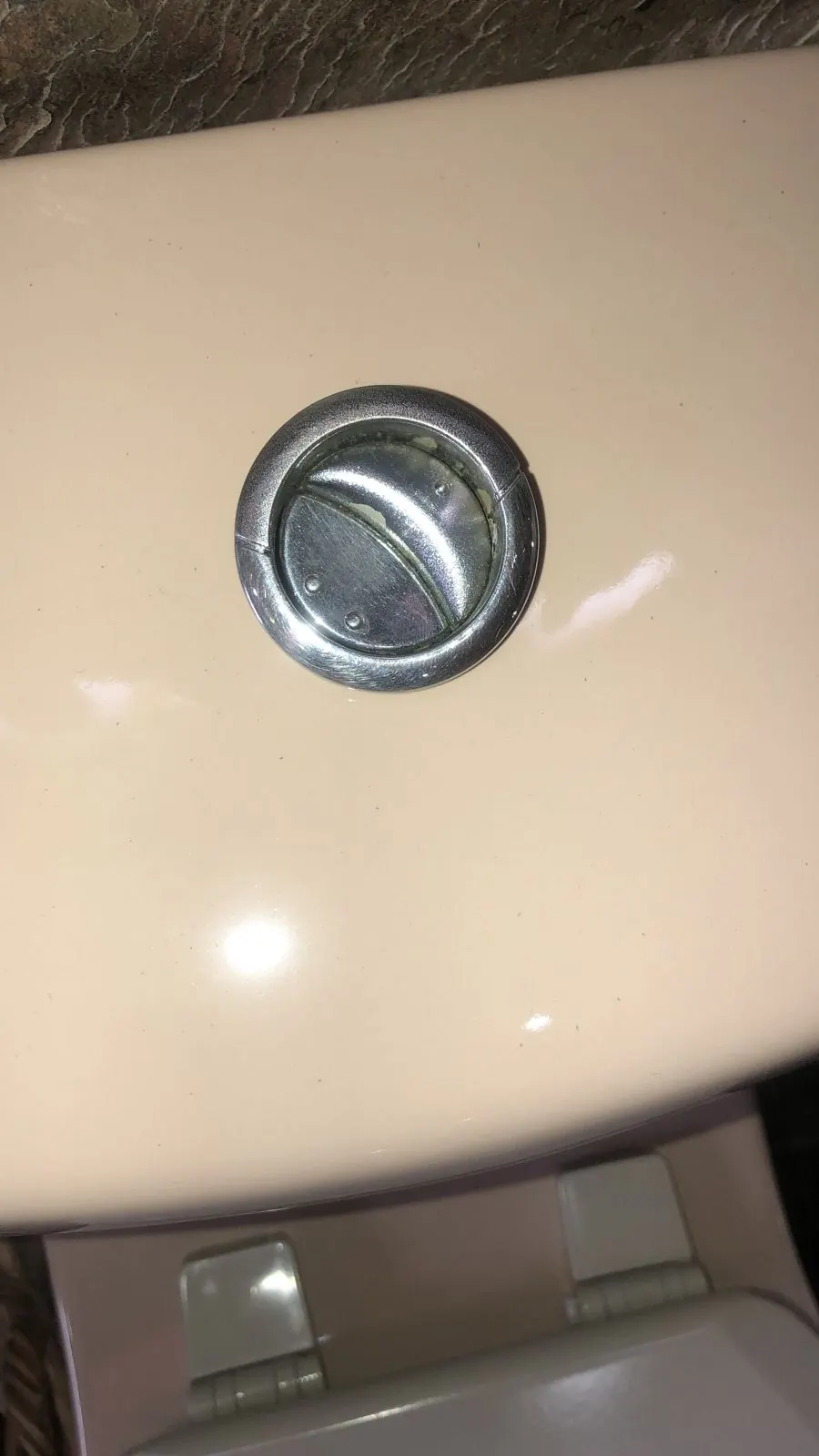 Close-up of chrome toilet flush button on cistern lid