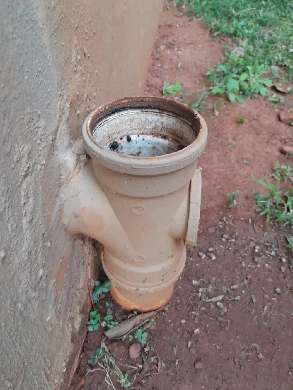 Open drain line and access point used before clearing a blocked drain