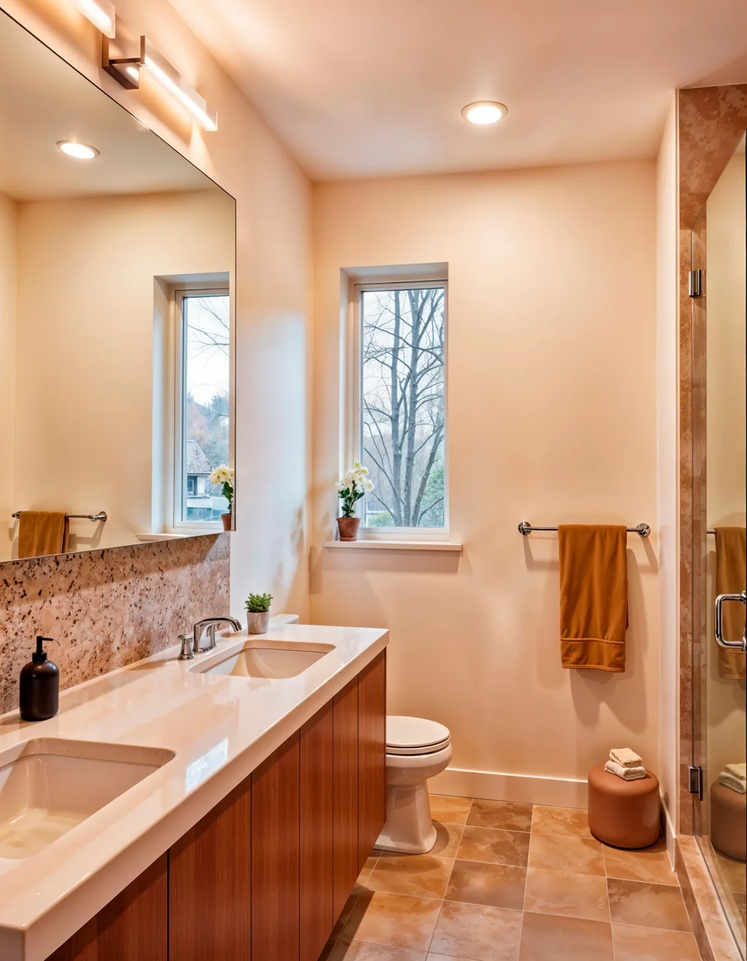 Bathroom design and installation inspiration with a timber vanity, basin and compact shower