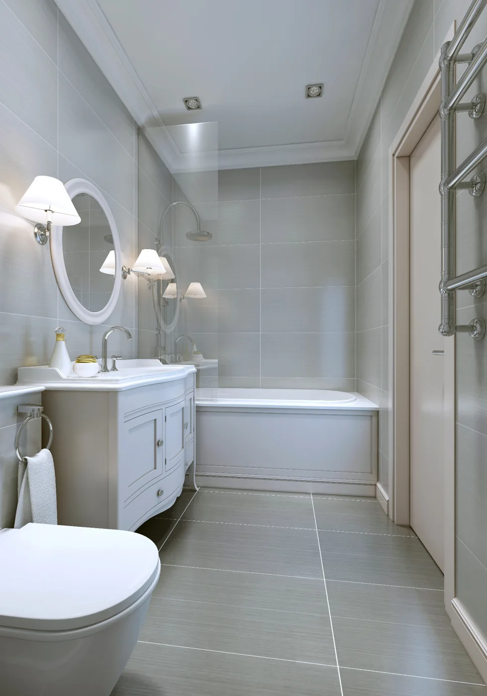 Bathroom renovations Pretoria design inspiration with a round mirror, vanity and fitted bath