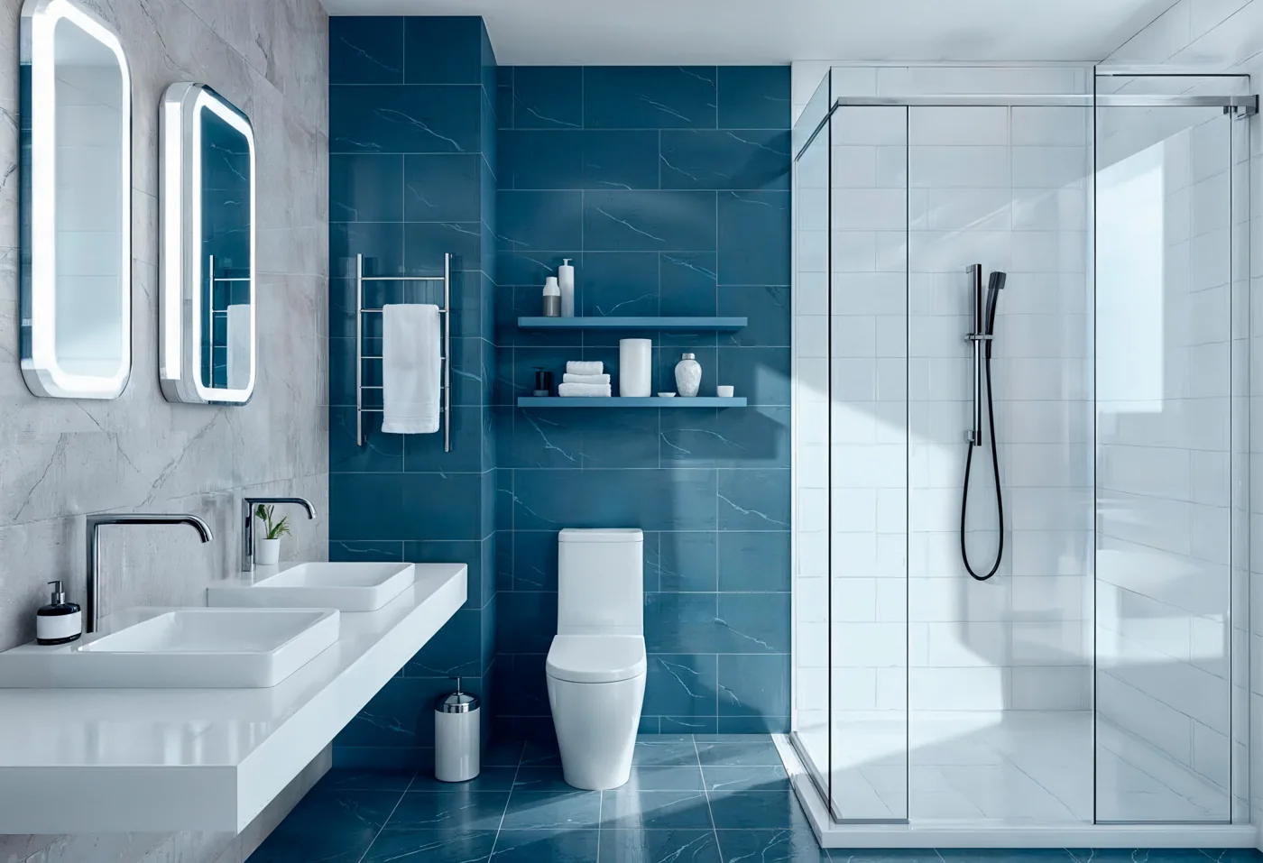 Bathroom renovations inspiration with blue tiles, a glass shower and wall-mounted basin