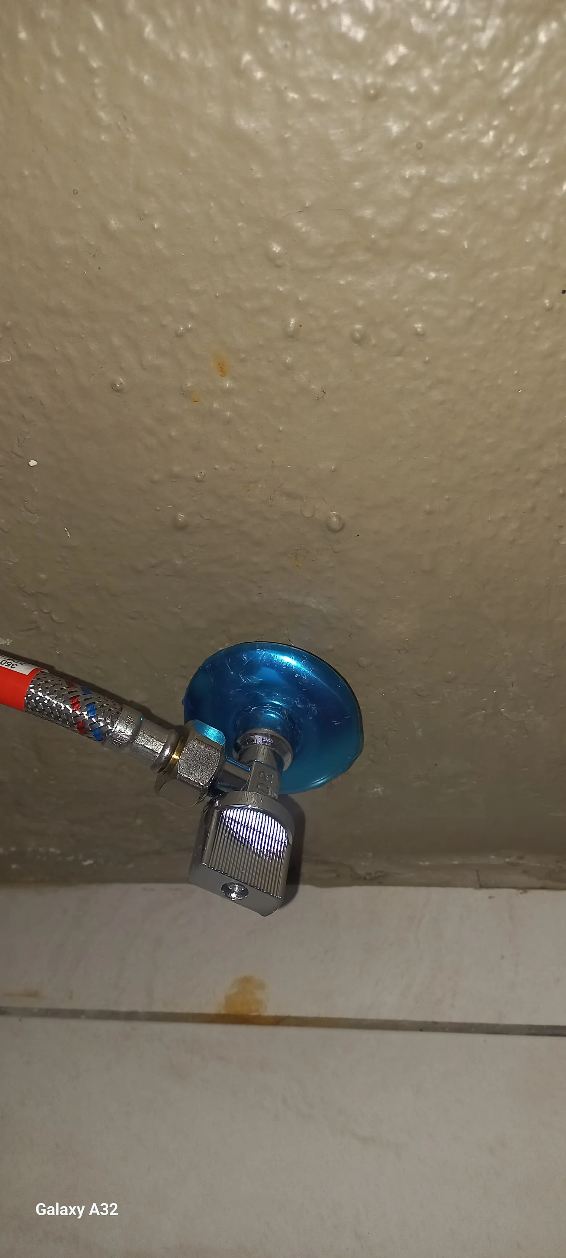 Close-up of leaking basin angle valve with water droplets visible