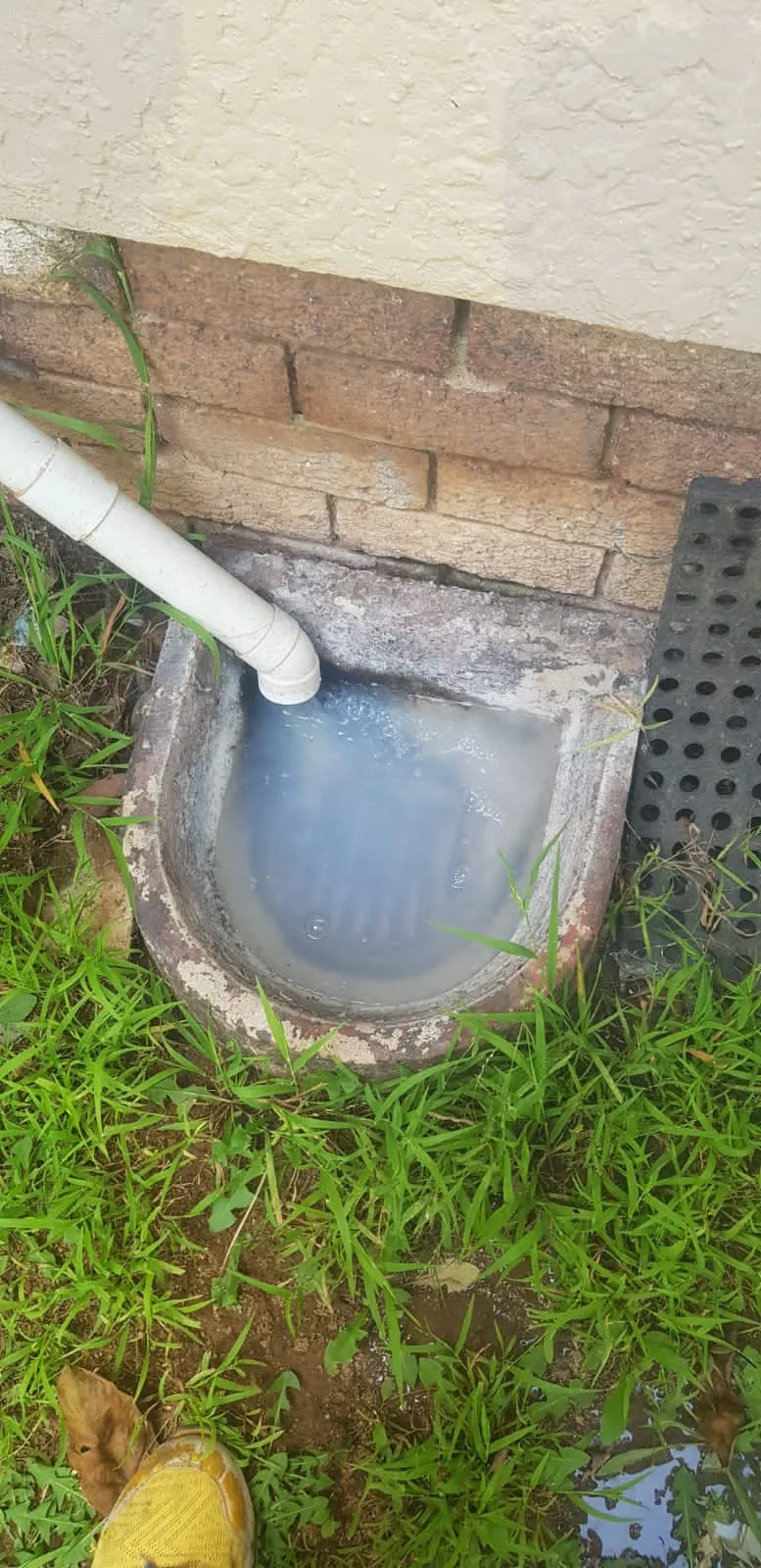 Blocked Gully Cleaning Outside gully filled with grey standing wastewater before drain cleaning