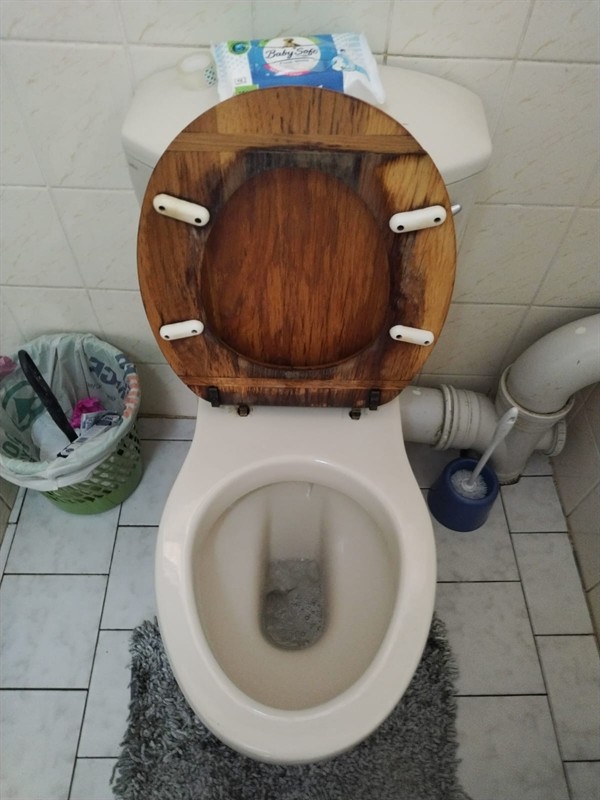 Blocked toilet trap with debris visible
