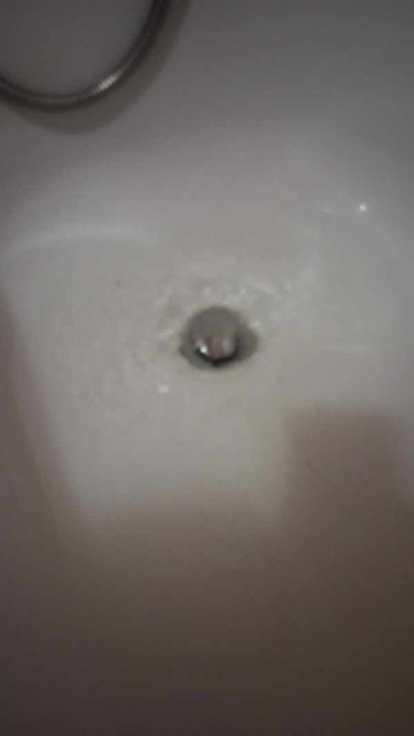 Blocked bath trap with debris visible