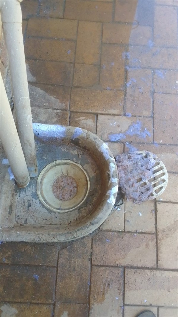 Outdoor drain pipe blocked with leaves and dirt