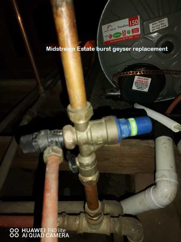 Midstream Estate burst geyser replacement by qualified plumbers offering free call out fees and a plumbing CoC all hours including weekends.