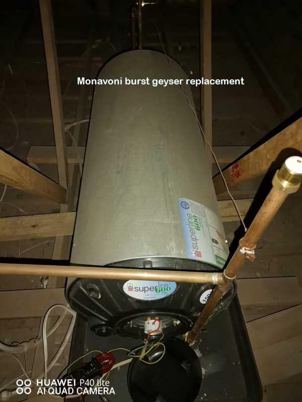 Monavoni burst geyser replacement by qualified plumbers in the area including a plumbing CoC, damage report, and before and after photos for insurances purposes.