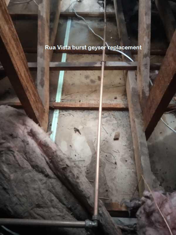 Rua Vista burst geyser replacement by qualified plumbers in the area including a plumbing CoC, damage report, and before and after photos for insurances purposes.