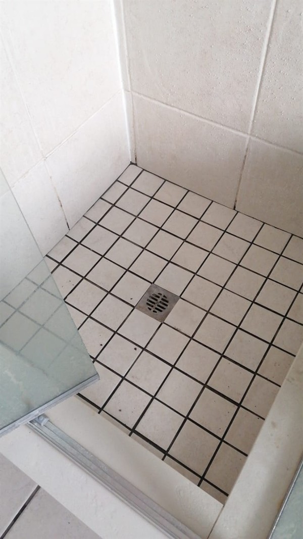 Clogged shower drain with standing water and debris