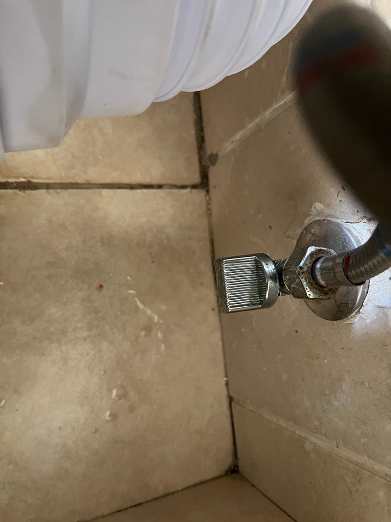 Toilet angle valve replaced in Cresta, showing chrome shut-off valve connected to flexible water supply hose near toilet to control water flow and prevent leaks.