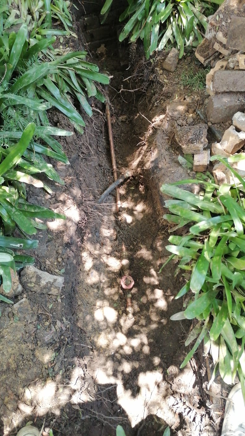 Underground burst water pipe repaired in Glen Marais showing exposed copper piping in trench between garden plants during excavation and pipe repair work.