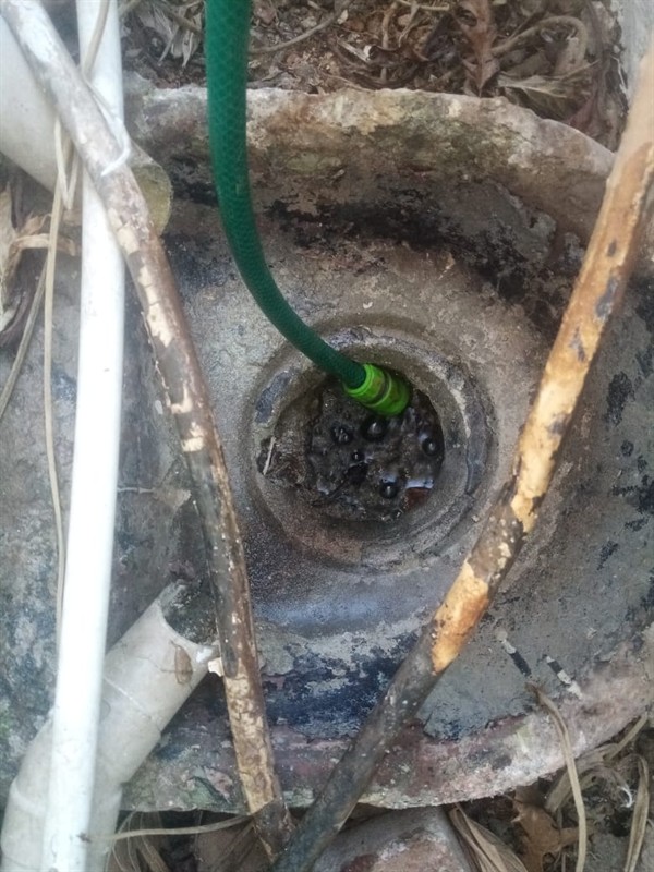 Drain cleaning job in progress with tools in use