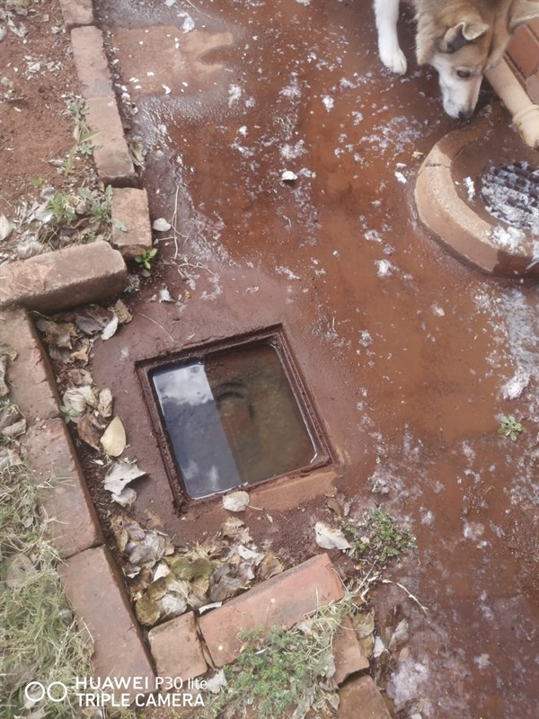 Completely blocked drain pipe with dirty standing water