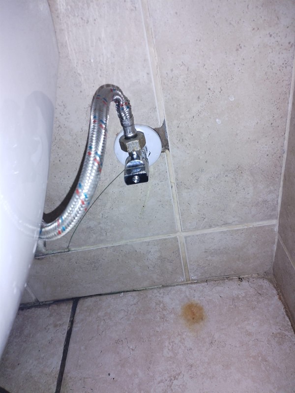 Damp area under toilet cistern from leaking flexi pipe in Menlyn Central