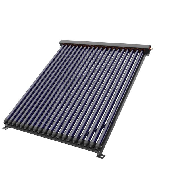 The image shows a 150L Solar Geyser Conversion High Pressure 18 Tube system, designed for retrofitting existing geysers. The unit features a sturdy black frame supporting 18 evacuated glass tubes arranged in parallel rows, angled for maximum sunlight absorption. At the top, a durable manifold connects the tubes, ensuring efficient heat transfer into the geyser system. The sleek blue-and-silver tubes highlight advanced solar technology, while the robust structure makes it suitable for South African weather conditions. This system is engineered to provide reliable hot water for medium-sized households, combining energy efficiency, cost savings, and eco-friendly performance.