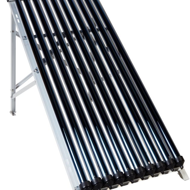 The image shows a 150L Solar Geyser Conversion High Pressure system by Apollo Solar Technology. The unit features a durable aluminium frame holding multiple evacuated glass tubes, designed to maximize solar energy absorption. The black and silver tubes are neatly aligned, slanting at an angle on the sturdy stand, allowing efficient heat collection from the sun. At the top, the header tank is clearly branded with the Apollo Solar Technology logo, connecting the tubes to the hot water system. This setup is ideal for retrofitting onto existing high-pressure geysers, providing households with energy-efficient, eco-friendly hot water while reducing electricity costs.
