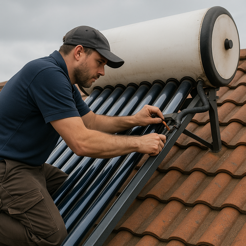 This image shows a technician repairing a solar geyser on a tiled roof. The technician, dressed in a navy polo shirt, brown work pants, and a dark cap, is seen kneeling while tightening or inspecting a pipe connection using an orange-handled screwdriver. The solar geyser system consists of dark blue evacuated tubes mounted on a metal frame, supporting a white cylindrical storage tank with black end caps. The terracotta roof tiles and slightly overcast sky provide a realistic, natural setting, capturing the detail and focus of professional solar geyser maintenance work on a residential rooftop.
