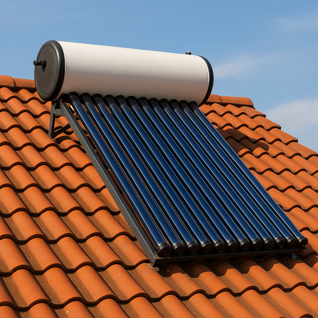 This image shows a solar geyser system installed on a red tiled roof under clear blue skies. The setup features a white cylindrical storage tank mounted above a series of dark blue evacuated glass tubes arranged neatly on a sturdy metal frame. The terracotta roof tiles provide a striking contrast against the sleek, reflective solar collector, highlighting its modern and energy-efficient design. The sunlight and gentle shadows emphasize the gey'ser’s efficiency in harnessing solar energy for residential hot water use. This setup represents a typical South African rooftop solar water heater installation combining durability, functionality, and visual appeal.